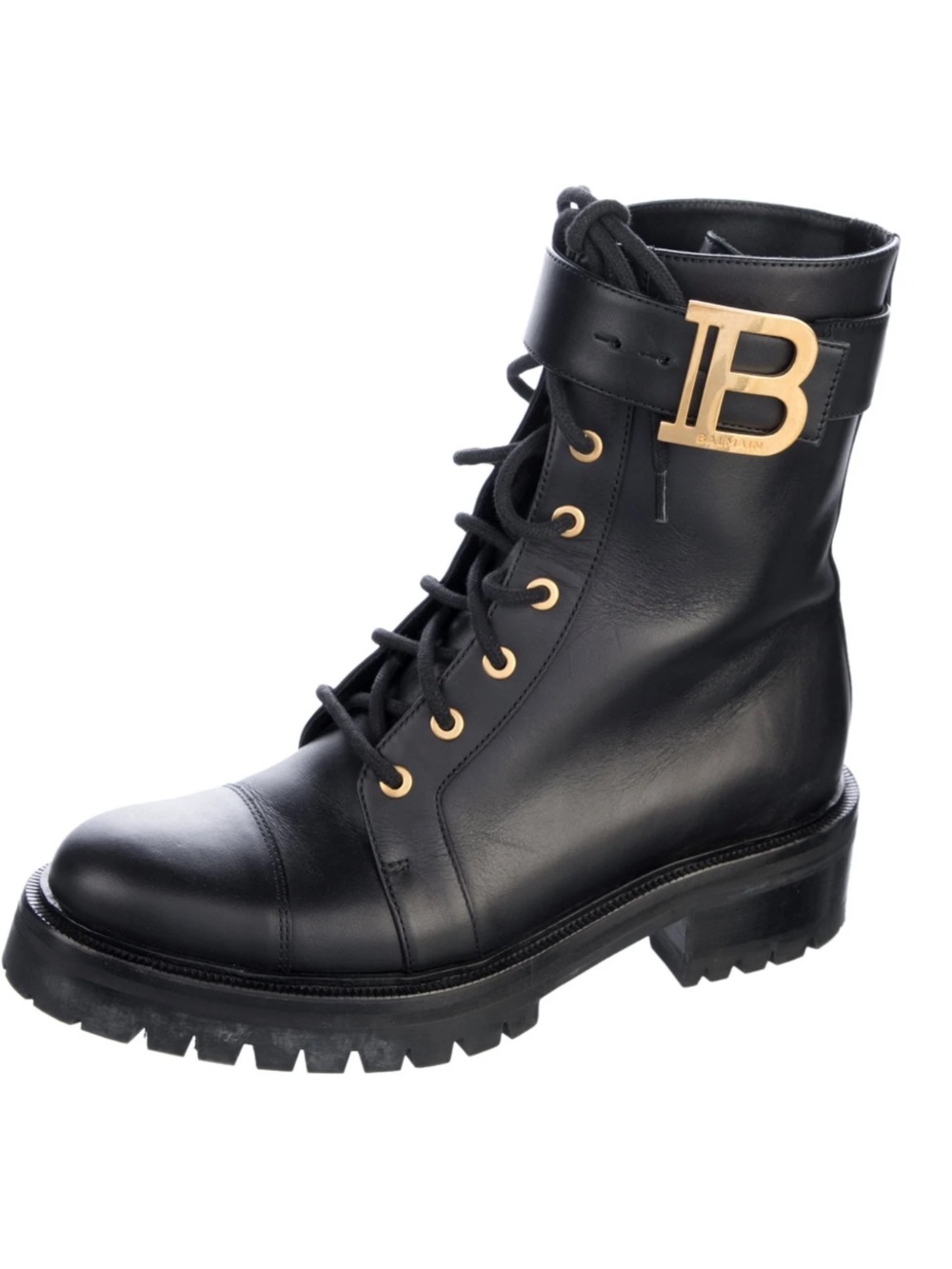BALMAIN Black Leather Lace-Up Combat Boot with Gold 'B' Logo